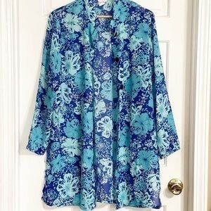 Elizabeth Williams Blue Turquoise Floral Long Top